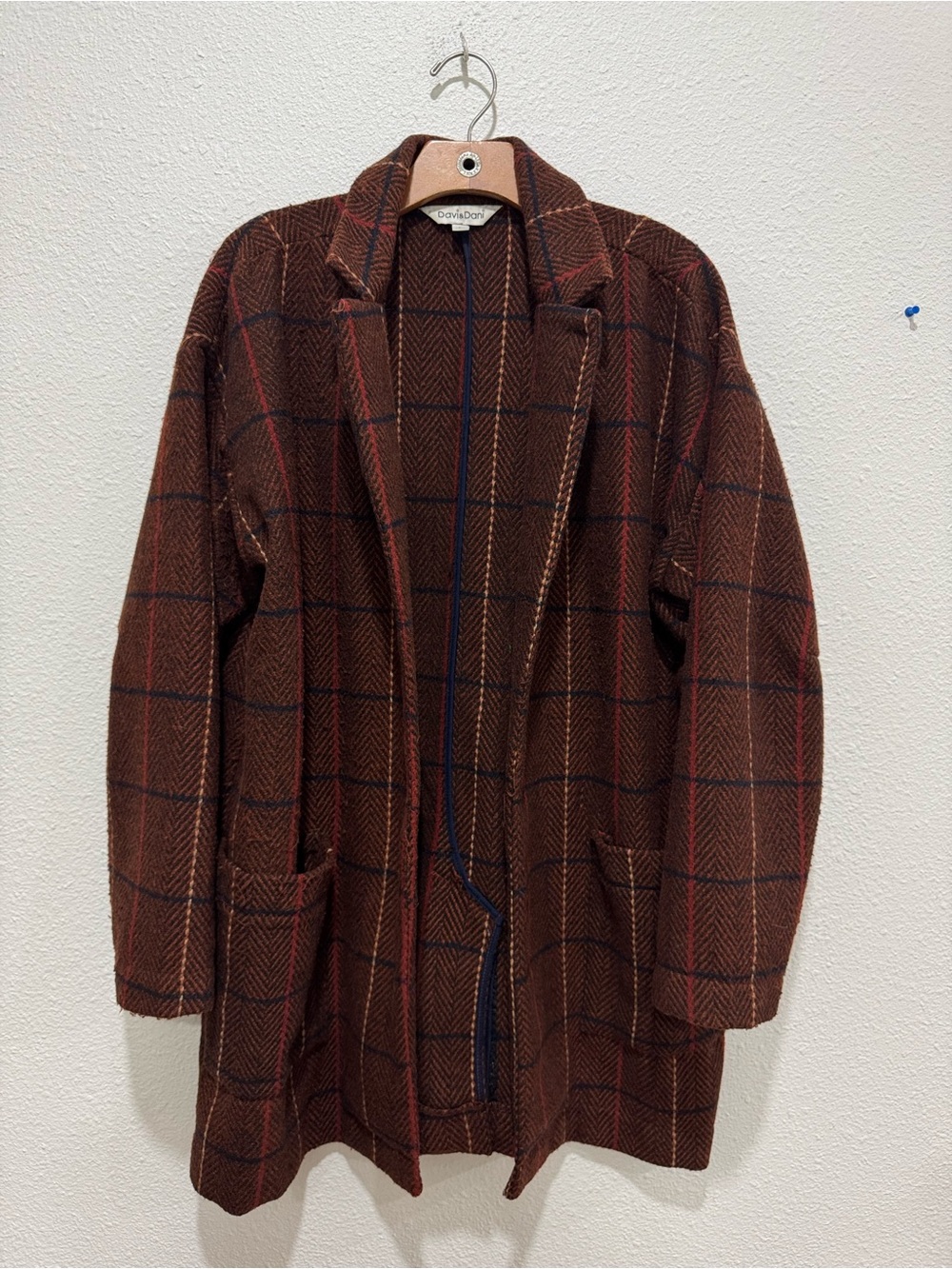 DAVI & DANI Brown Plaid Wool-Blend Open Pea Coat